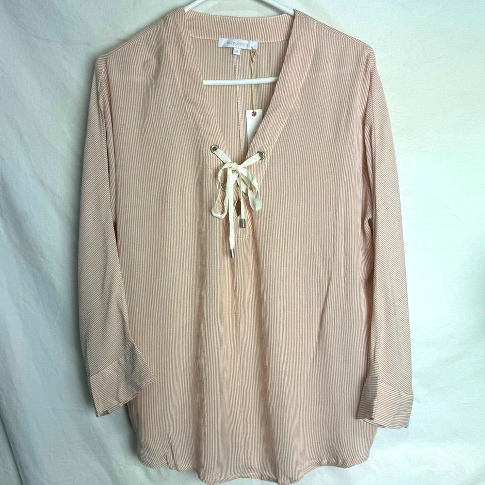 Olivaceous Micro Striped, V-Neck, Tie Lace Front, Long Sleeve Blouse Size M NWT